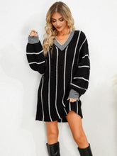 Striped V-Neck Long Sleeve Mini Dress Black OutfitFlow