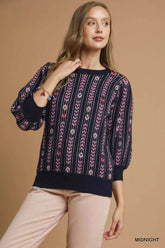 Umgee Jacquard Knit Puff Sleeve Sweater MIDNIGHT OutfitFlow