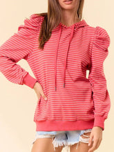 Striped Puff Sleeve Hoodie with Drawstring Burnt Coral OutfitFlow