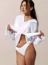 Button Down Hooded Cover-Up White One Size OutfitFlow