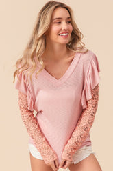 BiBi Ruffled Lace Sleeve Rib Knit Top Blush Pink OutfitFlow