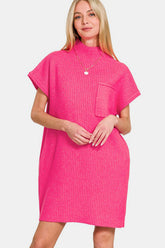 Zenana Short Sleeve Sweater Mini Dress Hot Pink OutfitFlow