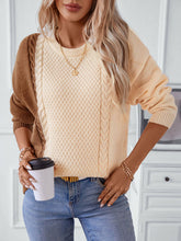 Two Tone Cable Knit Round Neck Long Sleeve Sweater Caramel OutfitFlow
