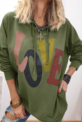 LOVE Drawstring Dropped Shoulder Hoodie Matcha Green OutfitFlow