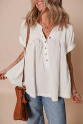 Textured Short Sleeve Buttons Frayed Blouse White OutfitFlow