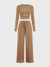 Round Neck Long Sleeve Top and Tied Pants Set Camel OutfitFlow