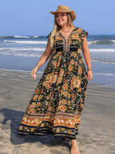 Plus Size Printed V-Neck Ruffle Cap Sleeve Maxi Dress Black OutfitFlow