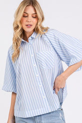 Mittoshop Button Down Striped Puff Sleeve Shirt Light Blue OutfitFlow