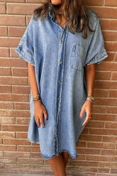 Oversized Button Down Denim Shirt Dress Light Blue OutfitFlow