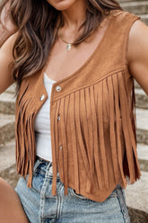 Fringe Snap Down Vest Coat Caramel OutfitFlow