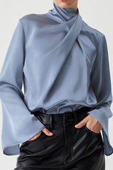 Cutout Turtleneck Long Sleeve Blouse Dusty Blue OutfitFlow
