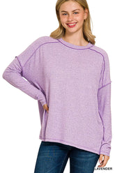 Zenana Full Size Melange Hacci Exposed Seam Hi-low Tee Plus Size LAVENDER OutfitFlow