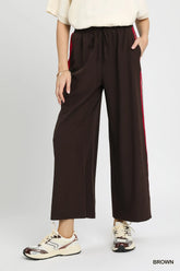 Umgee Wide Leg Pants with Contrast Side Trim Brown OutfitFlow