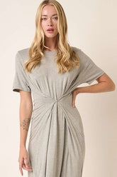 Mittoshop Side Slit Round Neck Short Sleeve Dress Heather Grey OutfitFlow
