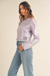 MABLE Shoulder Padded Sequin Crop Top Lavender OutfitFlow