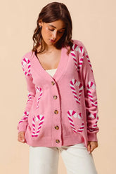 SO ME Christmas Candy Cane Button Front Sweater Cardigan PINK OutfitFlow