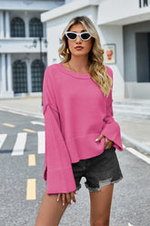 High-Low Slit Round Neck Long Sleeve Sweater Hot Pink OutfitFlow