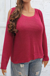 Plus Size Cold Shoulder Round Neck Sweater Deep Red OutfitFlow