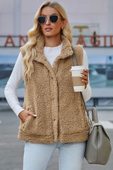 Snap Down Vest with Pockets Tan OutfitFlow