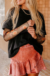 Faux Two Piece Floral Long Sleeve Patchwork Top Black OutfitFlow