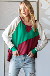 HOPELY Full Size Color Block Long Sleeve T-Shirt Kelly Green Burgundy OutfitFlow