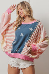 Stars and Stripes Round Neck Long Sleeve Top Blush Multi OutfitFlow