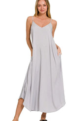 Zenana Woven Arc Hem Cami Dress With Flowy Pockets LT GREY OutfitFlow