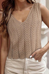 Openwork V-Neck knit Vest Tan OutfitFlow
