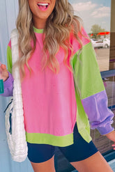 Exposed Seam Color Block Long Sleeve Sweatshirt Pink OutfitFlow