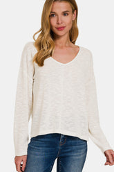 Zenana V-Neck Dropped Shoulder Long Sleeve T-Shirt Ivory OutfitFlow
