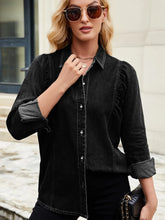 Button Down Collared Neck Denim Shirt Black OutfitFlow