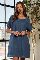 ADORA Raw Hem Mini Denim Dress with Pockets Dark OutfitFlow