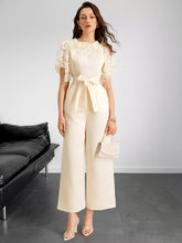 Lace Trim Belted Wide Leg Jumpsuit Apricot Trendsi
