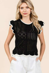 Mittoshop Openwork Contrast Trim Ruffled Cap Sleeve Knit Top Black OutfitFlow