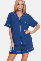 Zenana Button Down Short Sleeve Top and Shorts Lounge Set Navy OutfitFlow