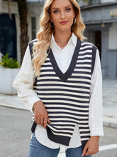 Slit V-Neck Striped Sweater Vest Dark Gray OutfitFlow