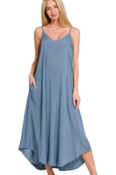 Zenana Woven Arc Hem Cami Dress With Flowy Pockets DUSTY BLUE OutfitFlow