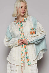 POL Lace Long Sleeve Shirt with Floral and Striped Pattern Pastel Blue OutfitFlow
