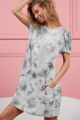 BiBi Puff Sleeve With Side Pockets Tie Dye Dress LT GREY OutfitFlow
