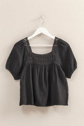 HYFVE Crochet Detail Puff Sleeve Peasant Top BLACK OutfitFlow