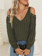 Cable-Knit Cold Shoulder Sweater Army Green OutfitFlow