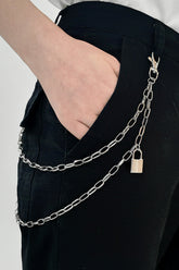 Double Layered Iron Chain Belt with Lock Charm Silver One Size OutfitFlow