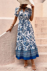 Printed Notched Short Sleeve Dress Blue OutfitFlow
