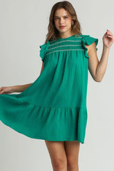 Umgee Full Size Smocked Contrast Stitching Ruffle Cap Sleeve Round Neck Dress Plus Size JADE GREEN OutfitFlow