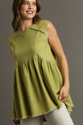 Umgee Full Size Raw Hem Linen Round Neck Sleeveless Top Plus Size Yellow-Green OutfitFlow