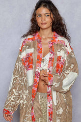 POL Floral Print Crochet Button Up Shirt CHOCOLATE OutfitFlow