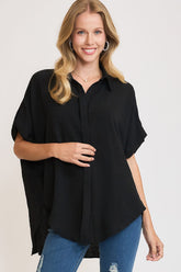Umgee Full Size High-Low Button Up Short Sleeve Shirt Black OutfitFlow