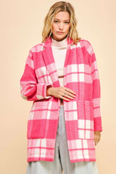 Davi & Dani Plaid Open Front Drop Shoulder Longline Coat Hot Pink OutfitFlow