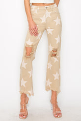 RISEN Full Size High Rise Star Printed Frayed Hem Jeans Khaki OutfitFlow