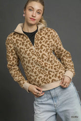 Umgee Leopard Print Quarter-Zip Sweatshirt ECRU OutfitFlow